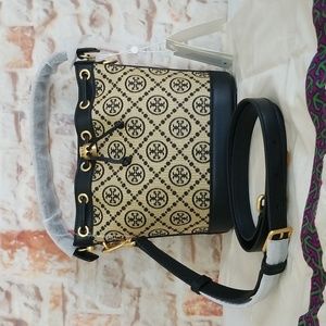 New Tory Burch T Monogram Raffia Bucket Bag